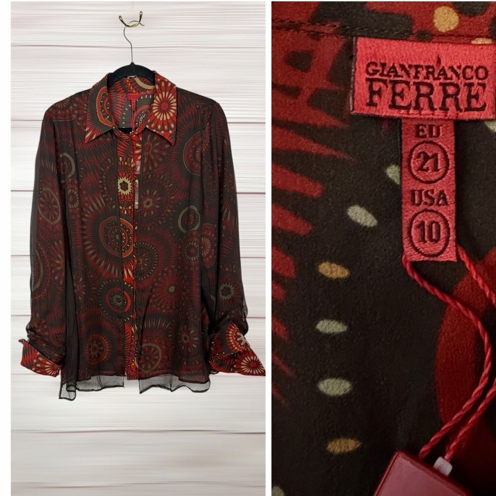 NWT Gianfranco Ferre Layered Silk Blouse Sheer Overlay Red Brown Print US 10